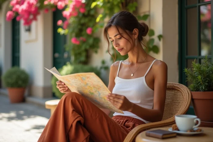 Voyageuse décontractée en lin terracotta consultant une carte papier dans un café méditerranéen en plein air