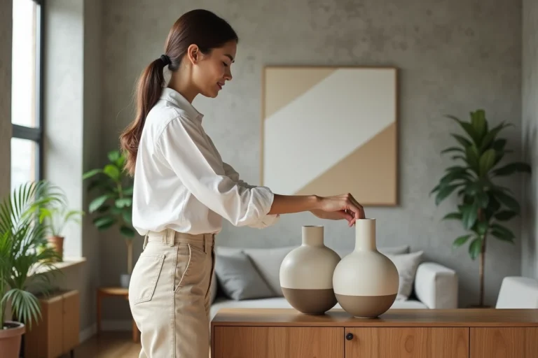 Femme arrangeant des vases en céramique dans un salon lumineux